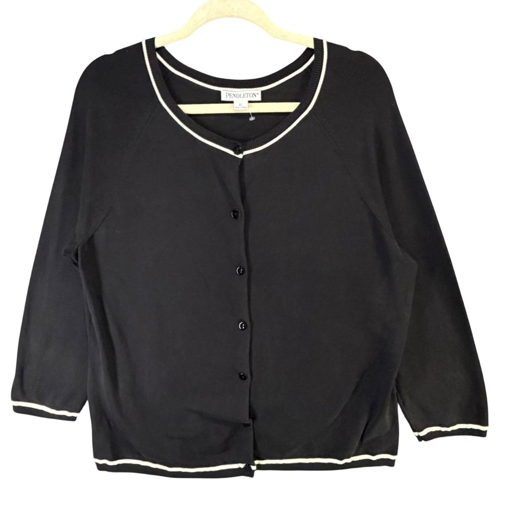Pendleton Cardigan Sweater XL Black Silk Blend Button Front Tennis Prep Timeless